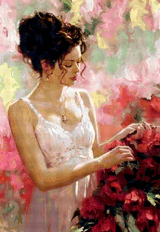 девушка - любовь, красота, одиночество, цветы, девушка, картина - предпросмотр