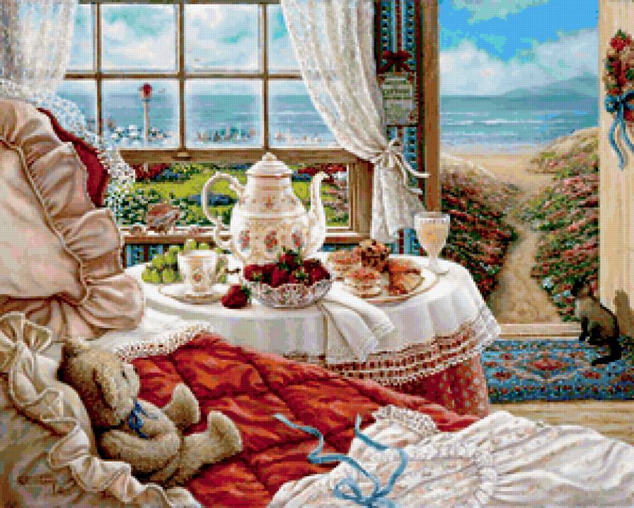 ДОМАШНИЙ УГОЛОК - бебка. киска, цветы, окно, чаепитие, море - предпросмотр