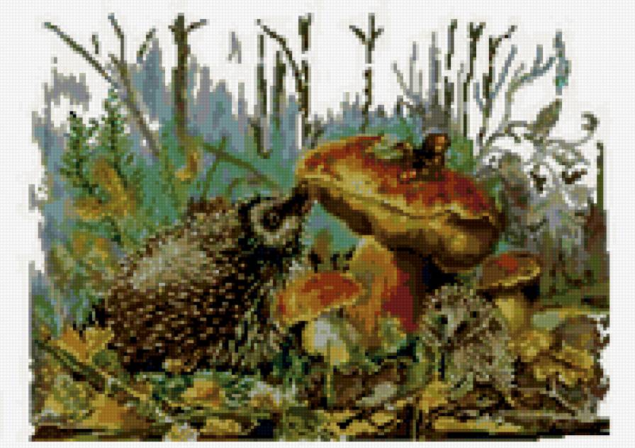 Ежики возле грибов - животные - предпросмотр