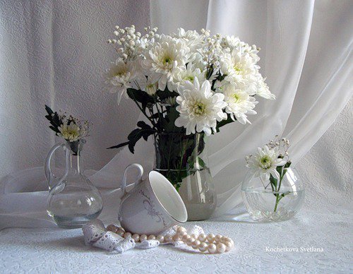 белый натюрморт - хризантемы, цветы, букет, натюрморт - оригинал