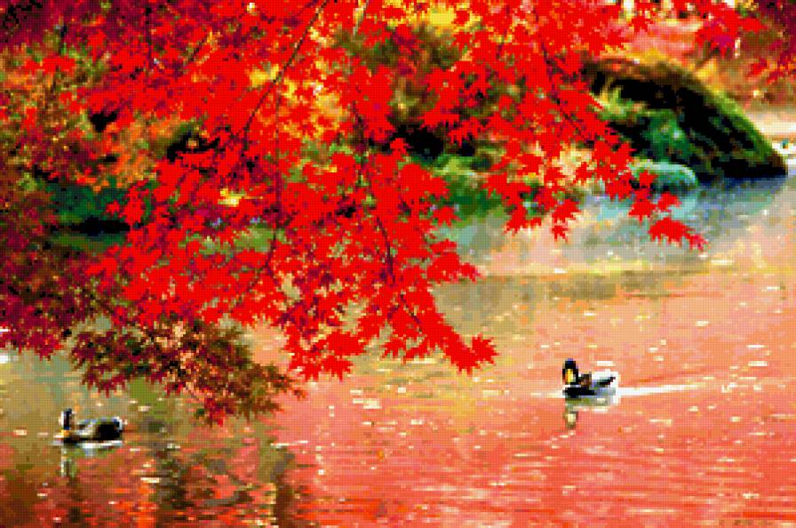 Осень - лебеди, озеро, лес, картина, пейзаж, природа, осень - предпросмотр