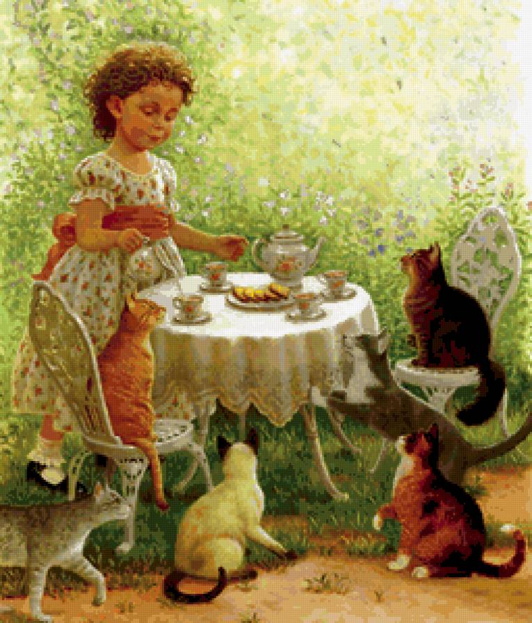 Чаепитие - девочка, котята - предпросмотр