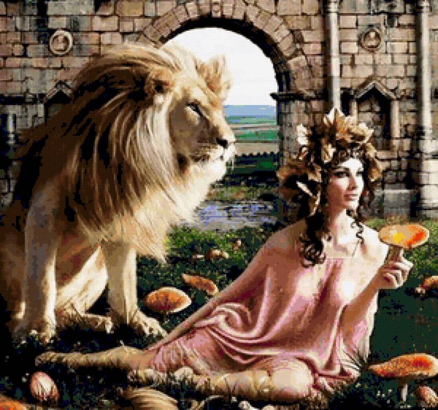 Нимфа и лев - девушка, нимфа, дикие кошки, хищник, лев, львы, зверь, животные - предпросмотр