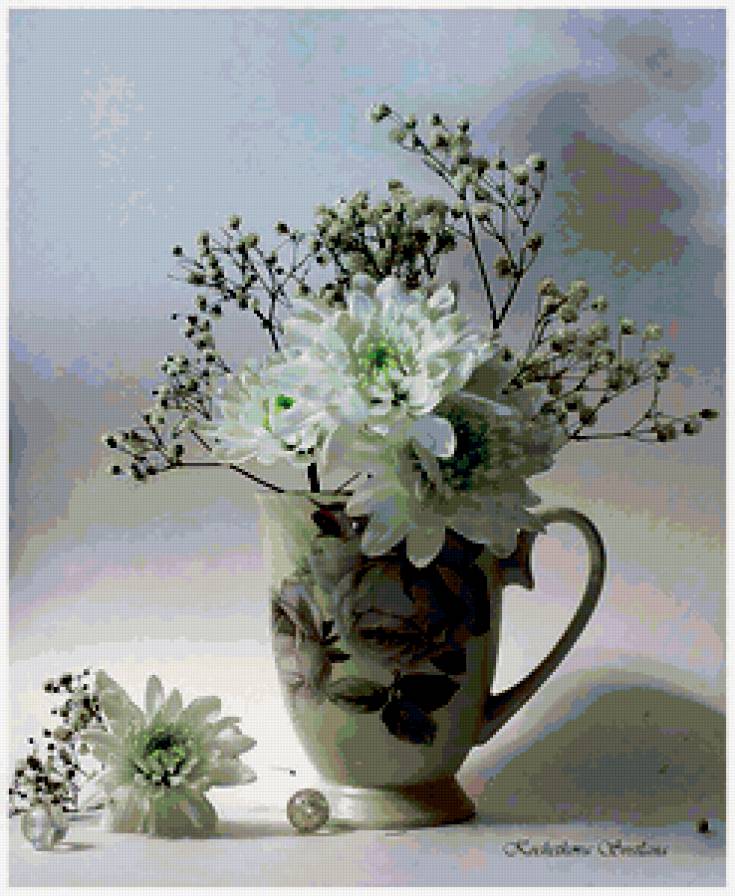 белый натюрморт - хризантемы, цветы, натюрморт, нежность, букет - предпросмотр