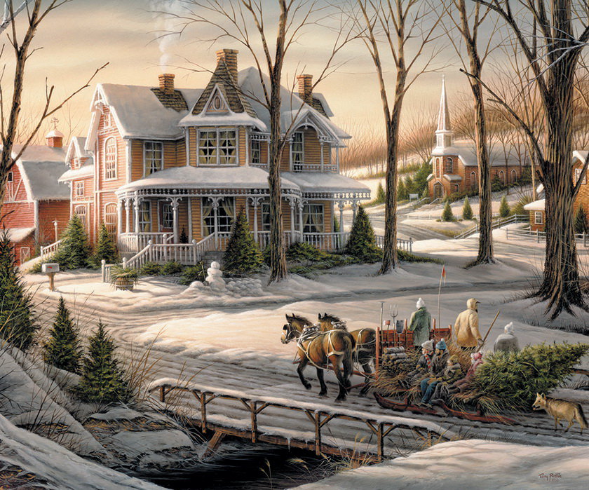 №222791 - лошади, зима, дом, люди, картина - оригинал