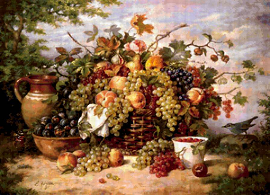 НАТЮРМОРТ - кувшин, фрукты, персик, корзина, виноград - предпросмотр