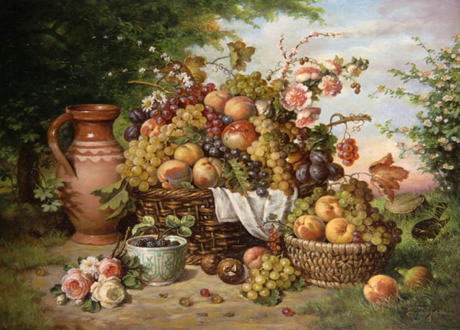 НАТЮРМОРТ - фрукты, виноград, старинные вещи, карзина, цветы - оригинал