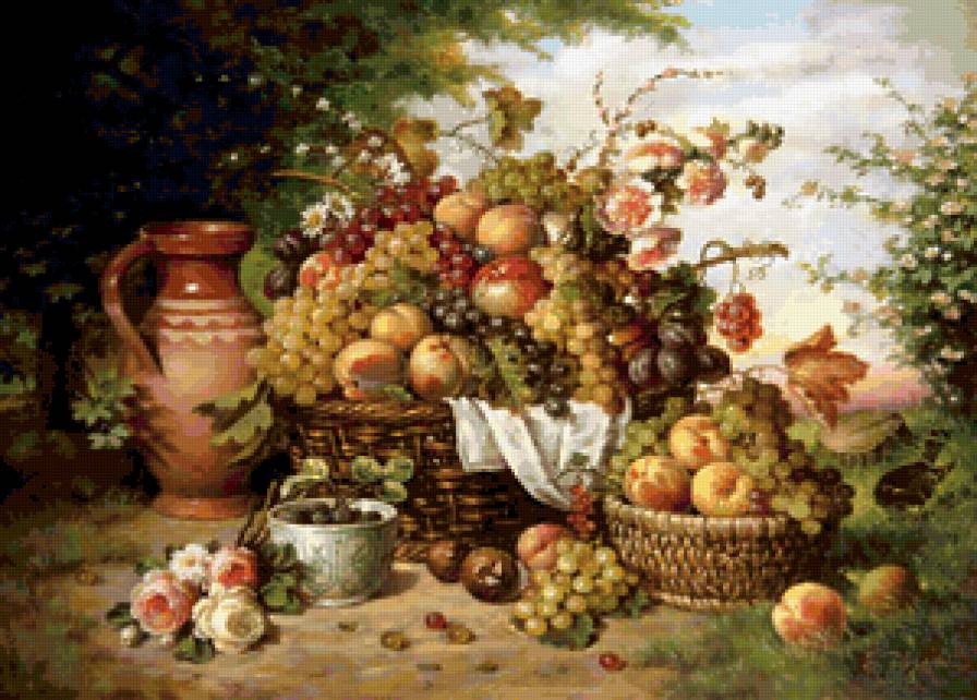 НАТЮРМОРТ - карзина, фрукты, цветы, виноград, старинные вещи - предпросмотр