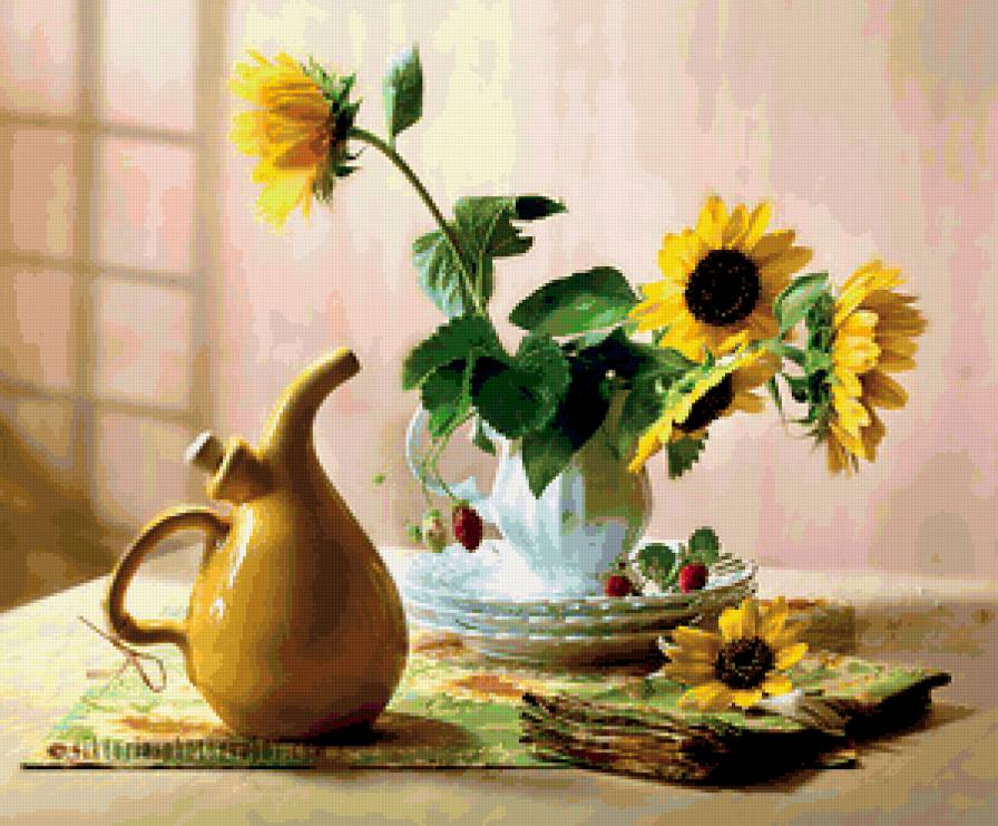 НАТЮРМОРТ - земляника, подсолнух, кувшин, керамика - предпросмотр