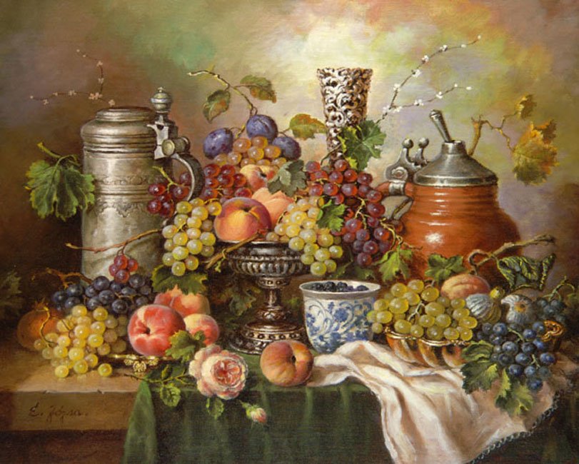 НАТЮРМОРТ - роза, виноград, цветы, серебро, старинные вещи - оригинал