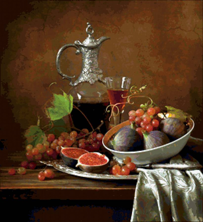 НАТЮРМОРТ - виноград, коньяк, старое серебро, инжир, бокал - предпросмотр