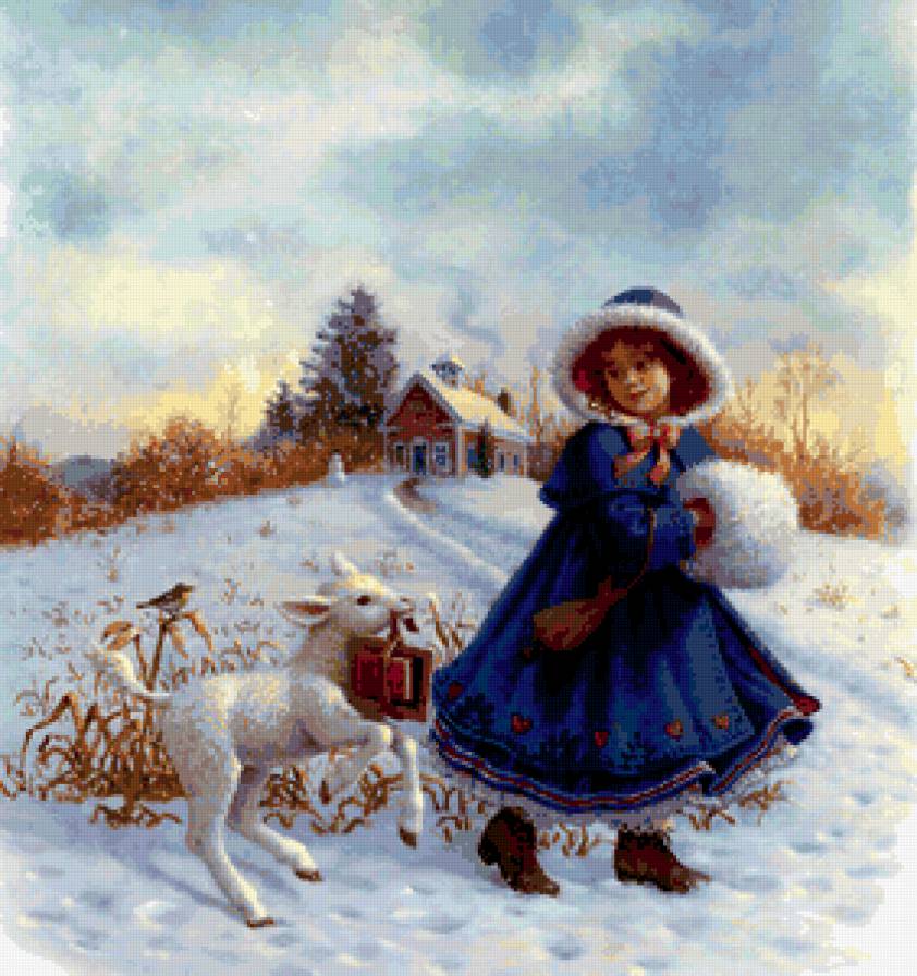 Зимняя прогулка - зима, овечка, девочка - предпросмотр
