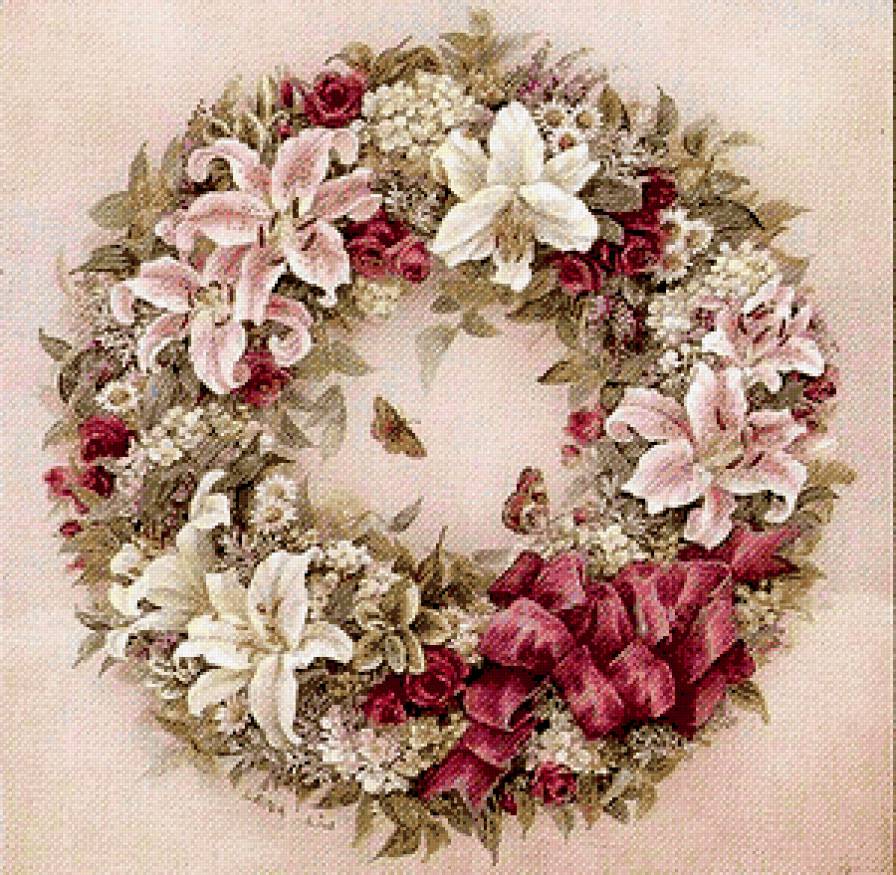 Нежность - цветы, венок, бабочки, лилии - предпросмотр