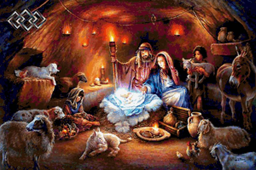 Рождество - семья, иисус, картина, звери, рождество, ребенок - предпросмотр