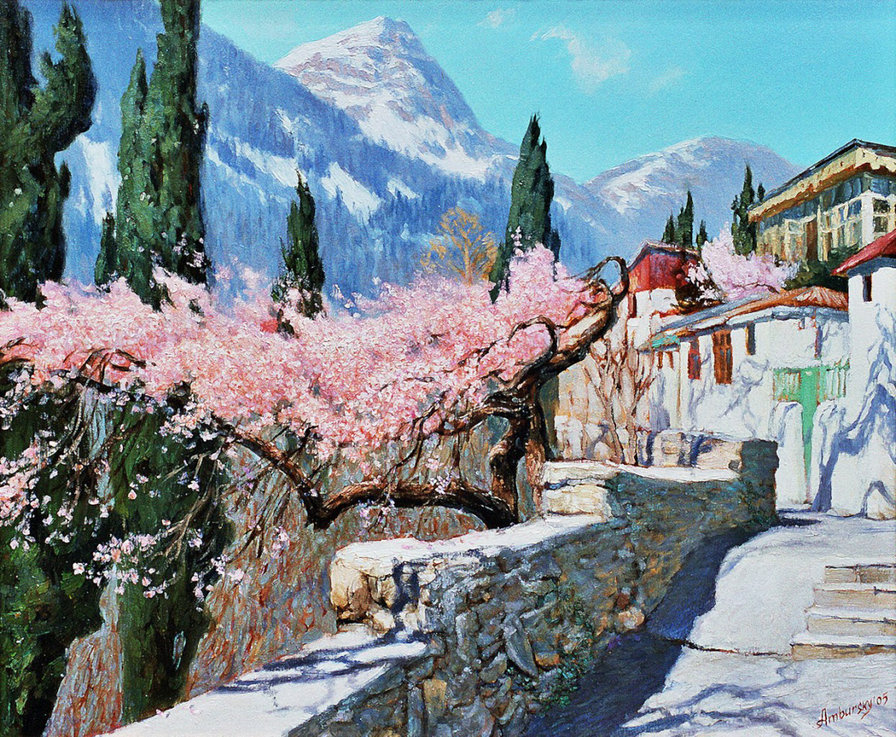 Кипарисы - цветы, пейзаж - оригинал