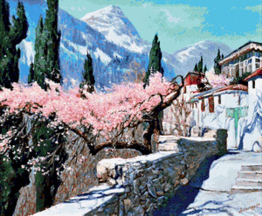 Кипарисы - пейзаж, цветы - предпросмотр