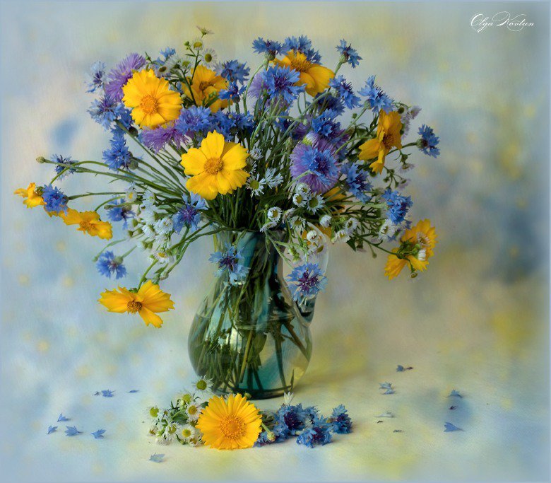 Натюрморт - цветы, натюорморт, василькт, букет - оригинал