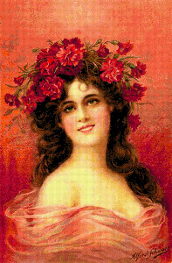 Девушка в венке гвоздик. - цветы, портрет, живопись, красота женщины, картина, девушка, гвоздики - предпросмотр