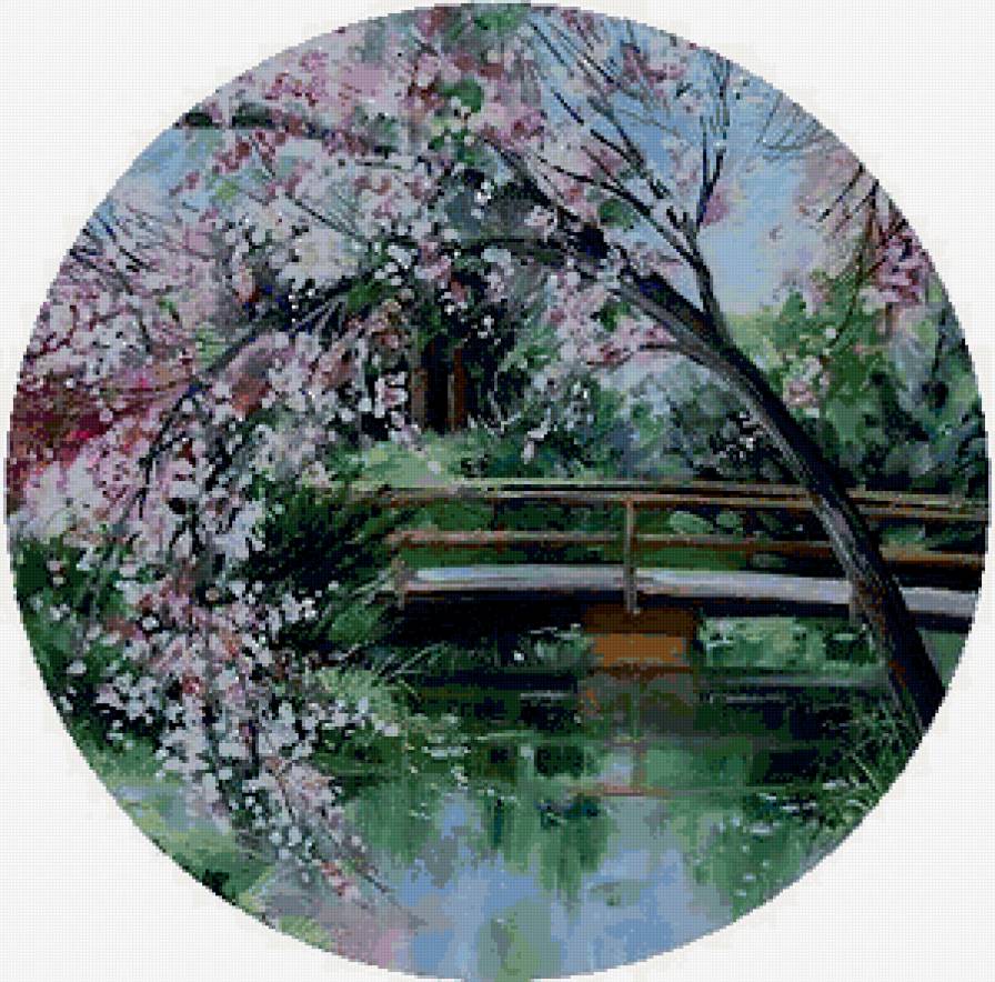 Природа - цветы, дерево, мостик, цветение, сад - предпросмотр