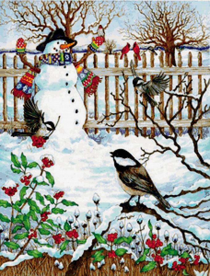 Зимний пейзаж - птицы - предпросмотр