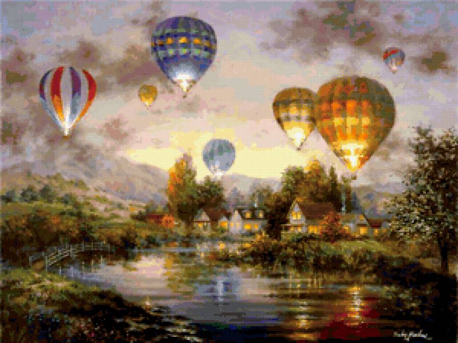 Воздушные шары - воздушный шар, река, пейзаж - предпросмотр
