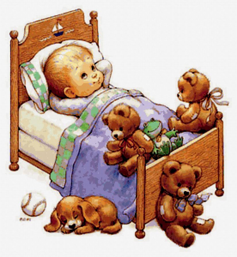 Рисунок дети спят. Медвежонок в кроватке.