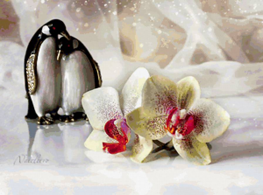 НАТЮРМОРТ - валентинка, пингвины, цветы, орхидея, валентинки, валентин - предпросмотр