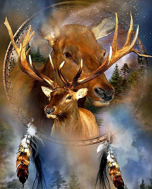 Индейские мотивы - перья, олени, бубен, шаман, индейцы - оригинал