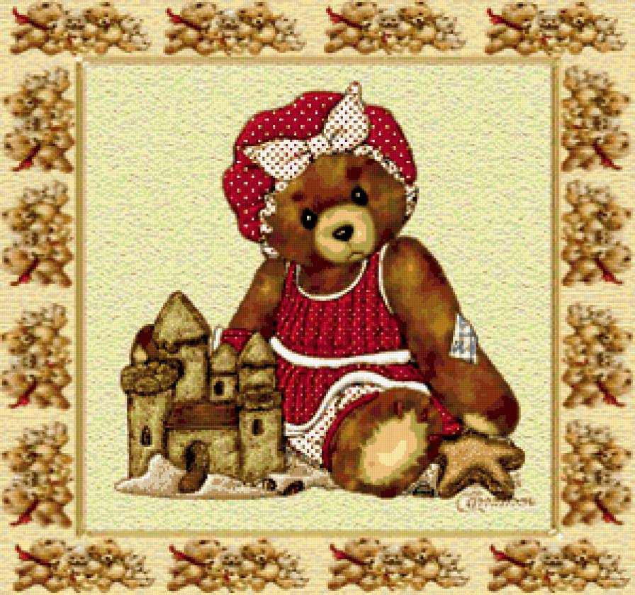 Мишка на пляже - песочный замок, рамка, детям, медведь - предпросмотр