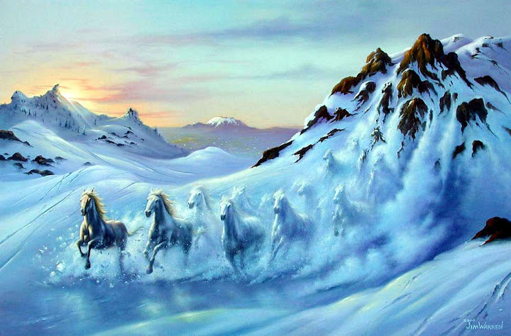 Лошади - снег, конь, гора, лошадь, картина, зима - оригинал