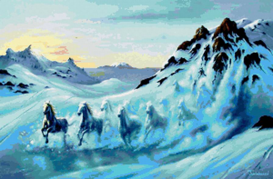 Лошади - гора, зима, картина, снег, лошадь, конь - предпросмотр