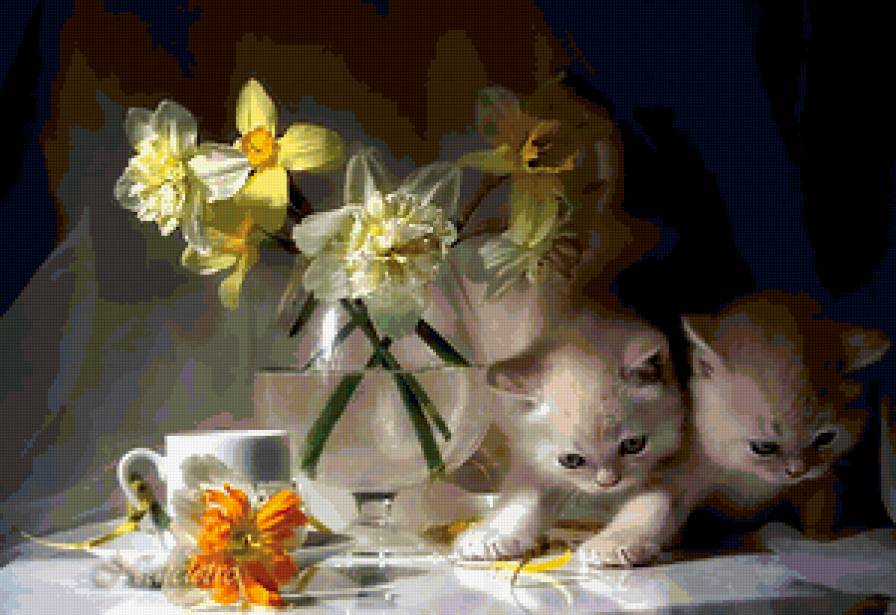 пушистики - цветы, муськи, мурки, кошки, белая кошка - предпросмотр