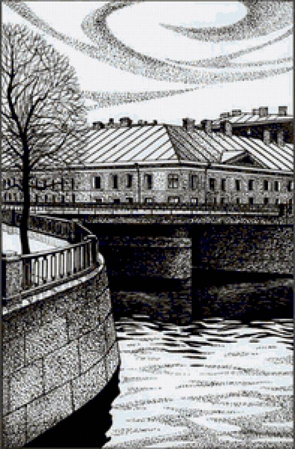 картина - дома, река, монохром, картина - предпросмотр