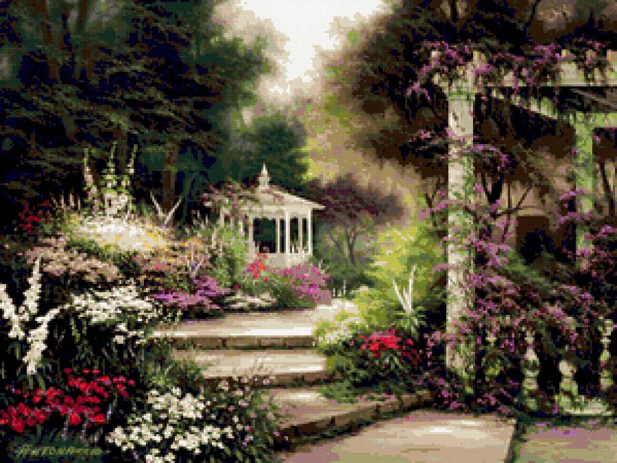№225656 - картина, природа, сад, беседка, пейзаж - предпросмотр
