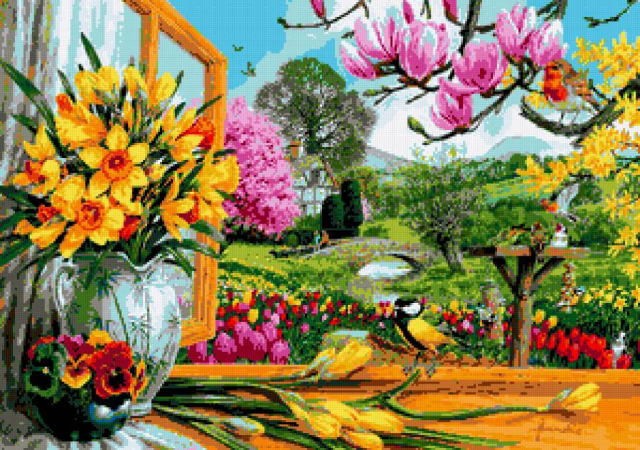 №225666 - цветы, пейзаж, птицы, картина, окно - предпросмотр