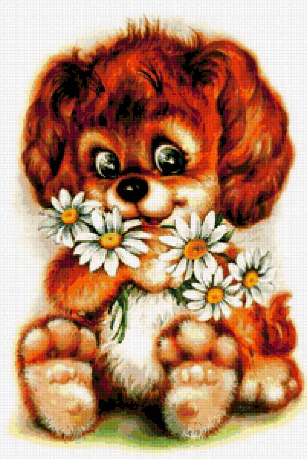 Щенок с ромашками - щенок, ромашки, детская, собака, детские мотивы, детям - предпросмотр