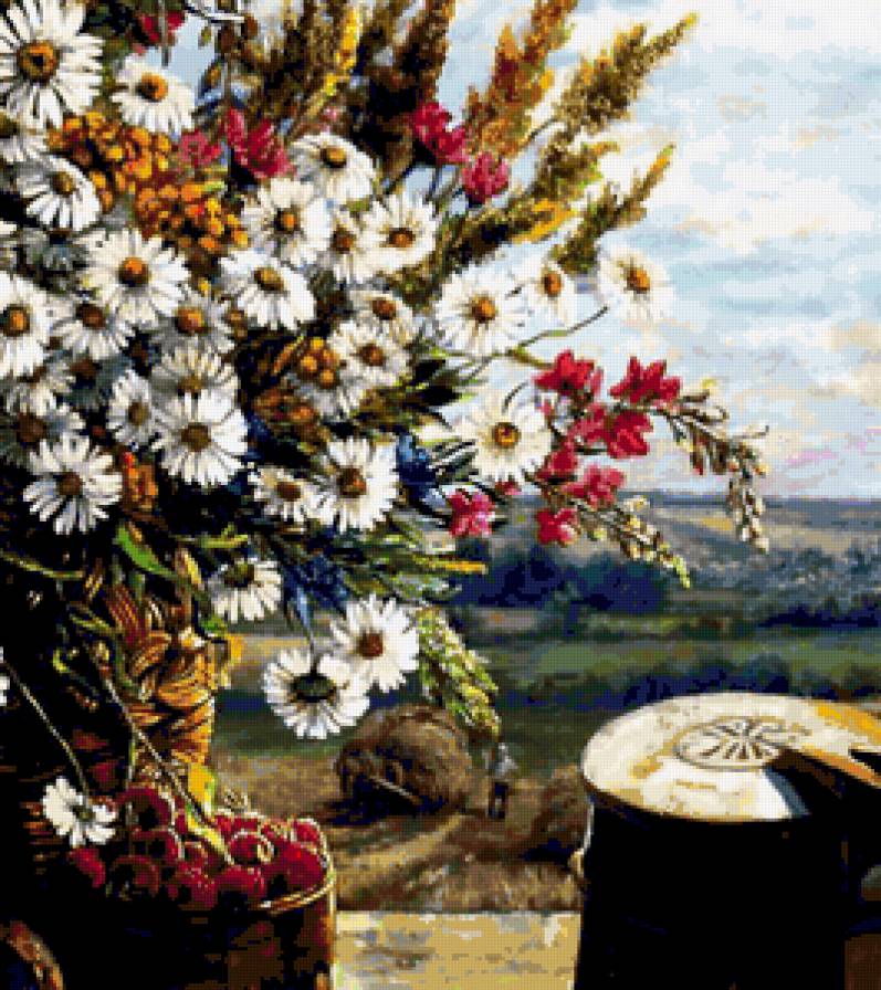 Букет полевых цветов и пейзаж - романтика, пейзаж, цветок, цветы, лето, ромашки, букет - предпросмотр