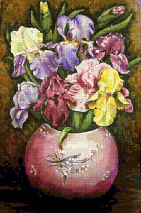 Ирисы в круглой вазе - ирис, живопись, весна, ваза, ирисы, букет, натюрморт, цветы - предпросмотр