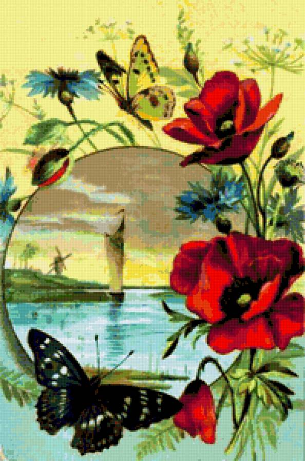 Пейзаж с цветами - цветок, бабочки, маки, мак, живопись, природа, цветы, пейзаж - предпросмотр