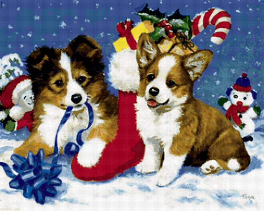 новогоднее настроение - праздники, новый год, щенки. животные, собачки - предпросмотр