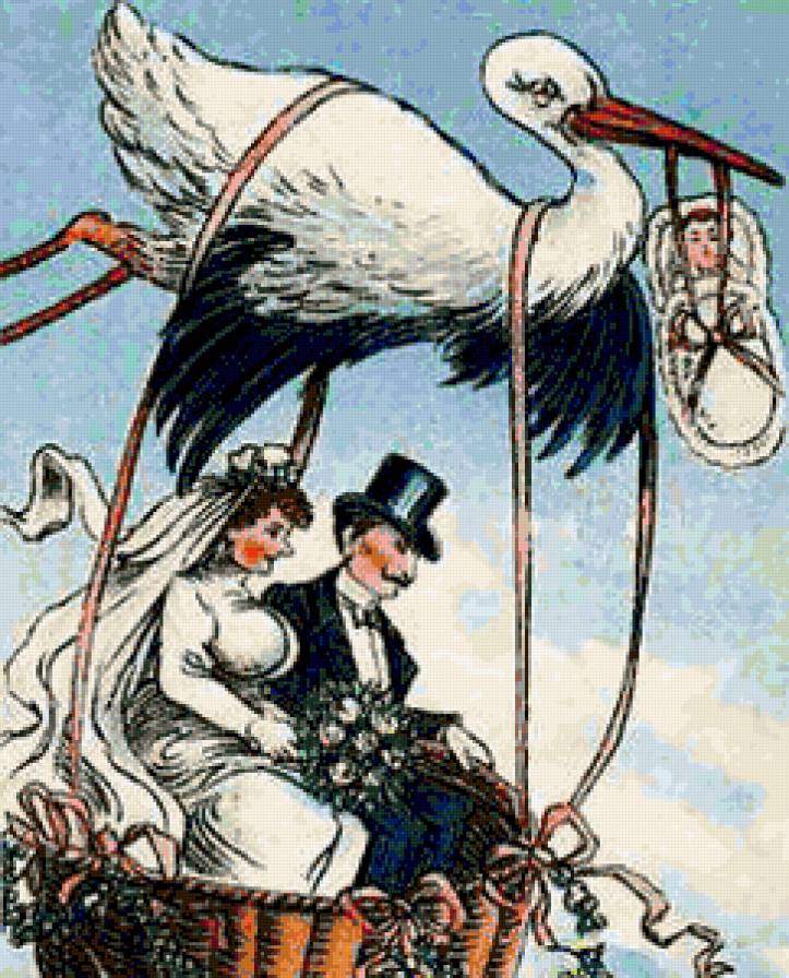 Свадебный кортеж - пара, свадьба, невеста, аист, метрика, малыш, малыши, ребенок, жених - предпросмотр