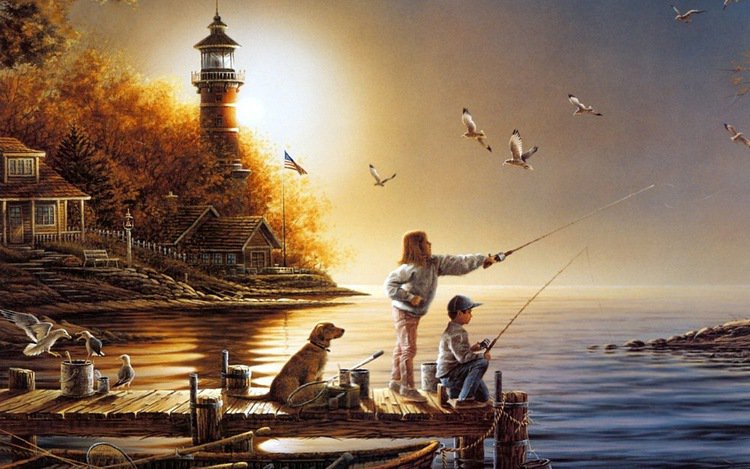 Дети на рыбалке - маяк, рыбалка, дети, собака, семья - оригинал