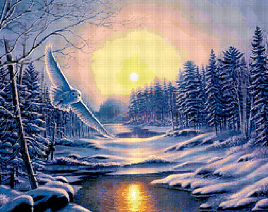 В лучах заката - река, сова, зима, пейзаж - предпросмотр