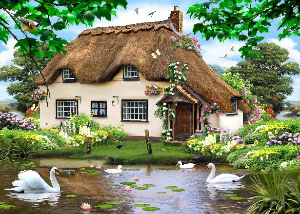 домик - пруд, картина, природа, лебеди - оригинал