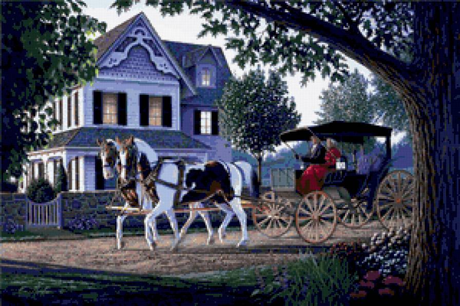 Старинный городок - лошади, городок, пейзаж, домики, лошадки, город, люди - предпросмотр