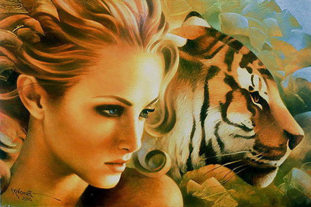 девушка и тигр - девушка, любовь, одиночество.тигр.животные.люди.картина - оригинал