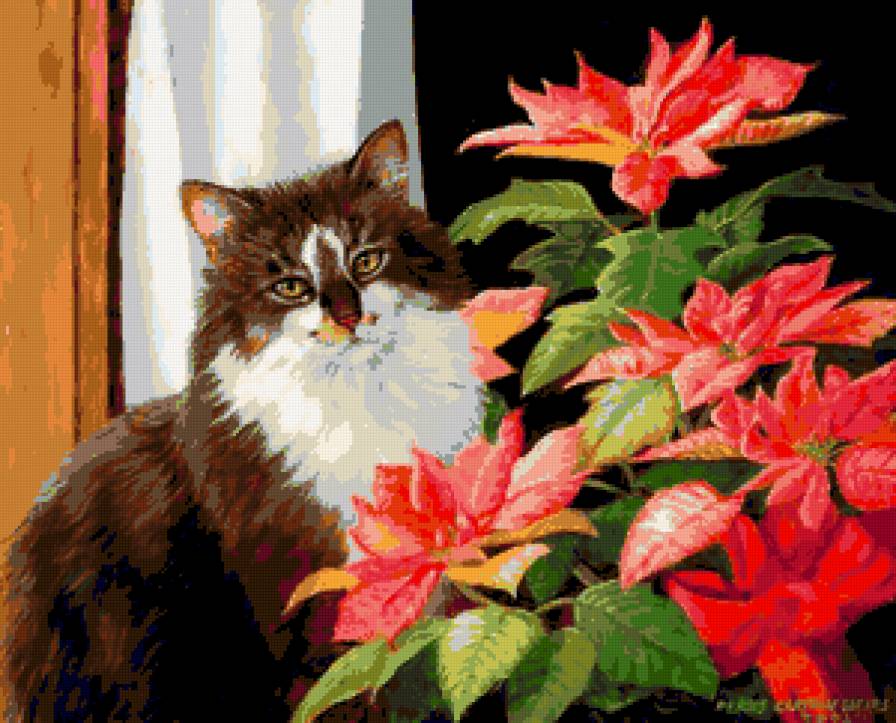 №226711 - картина, цветы, окно, кот - предпросмотр