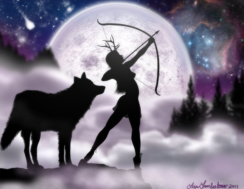 фентези - волк, животные, лучник, девушка, силуеты, ночь, силует - оригинал
