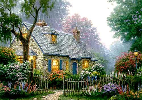 Домик в цветах - утро, домик, сад - оригинал