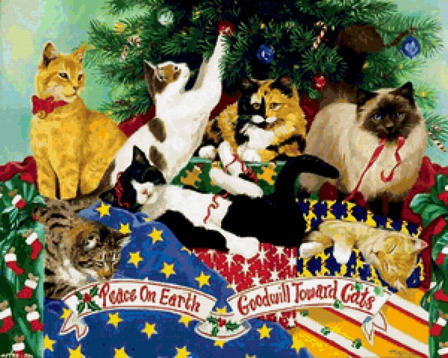 разные характера - котята, кошки, мурляшки, елка, игра, муськи, животные, новый год - предпросмотр